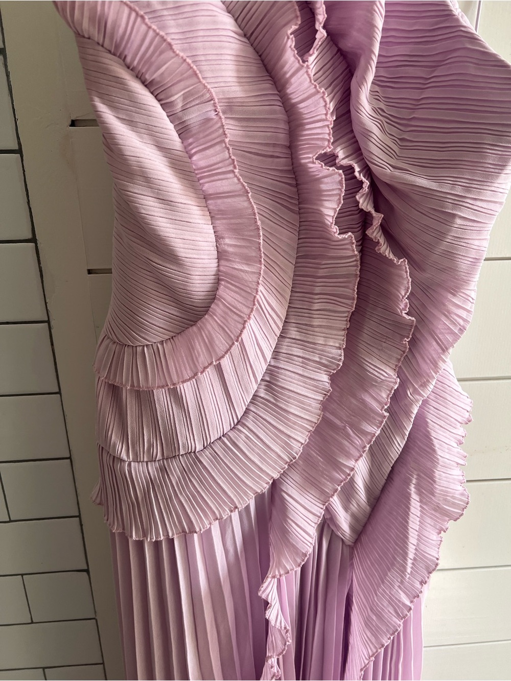 Azazie Lavender Asymmetrical Pleated Ruffle Halter Gown - Picture 4 of 9